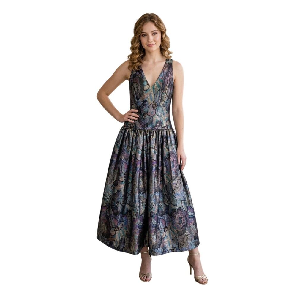 Vintage Arthur Doucette Saks Fifth Avenue Dress S/M Metallic Floral Brocade Gala